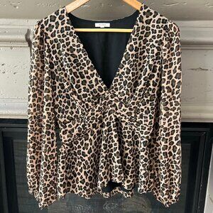 Pleione Long Sleeve V-neck Animal Print Blouse